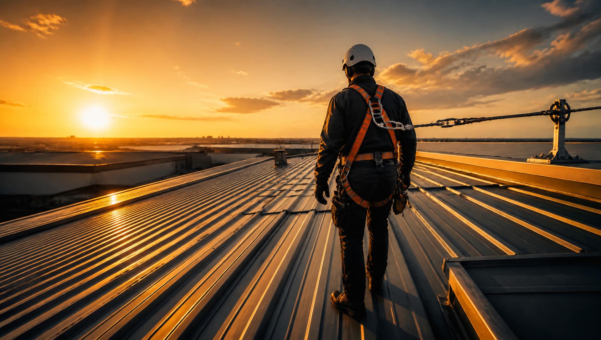 Técnico ancorado em linha de vida sobre telhado metálico ao pôr do sol