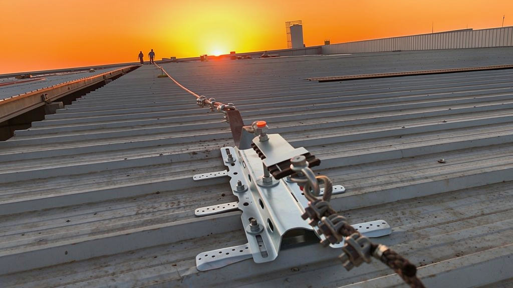 Técnico ancorado em linha de vida sobre telhado metálico ao pôr do sol