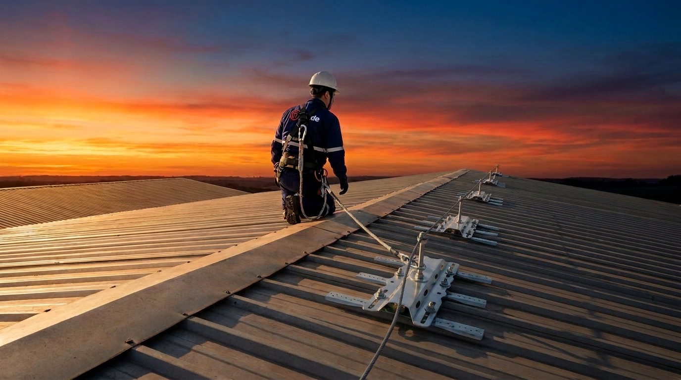 Técnico ancorado em linha de vida sobre telhado metálico ao pôr do sol